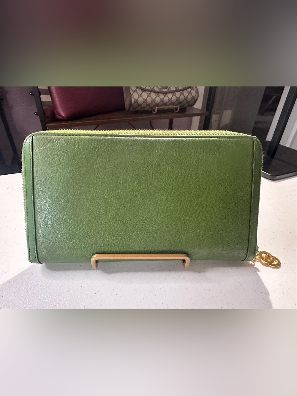 Bulgari Green Leather Zip Around Clutch with Gold Accent